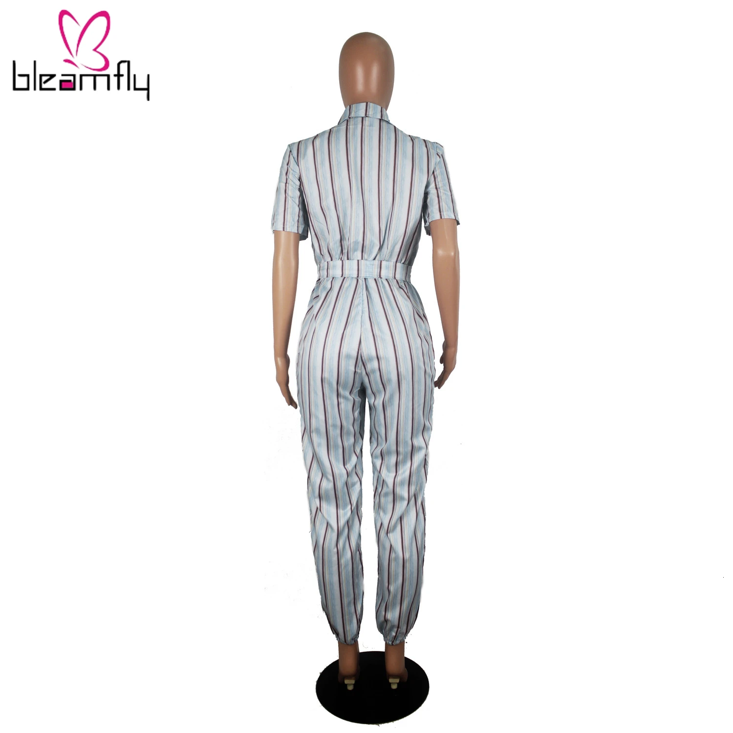 Женский комбинезон в полоску с v образным вырезом коротким рукавом и поясом