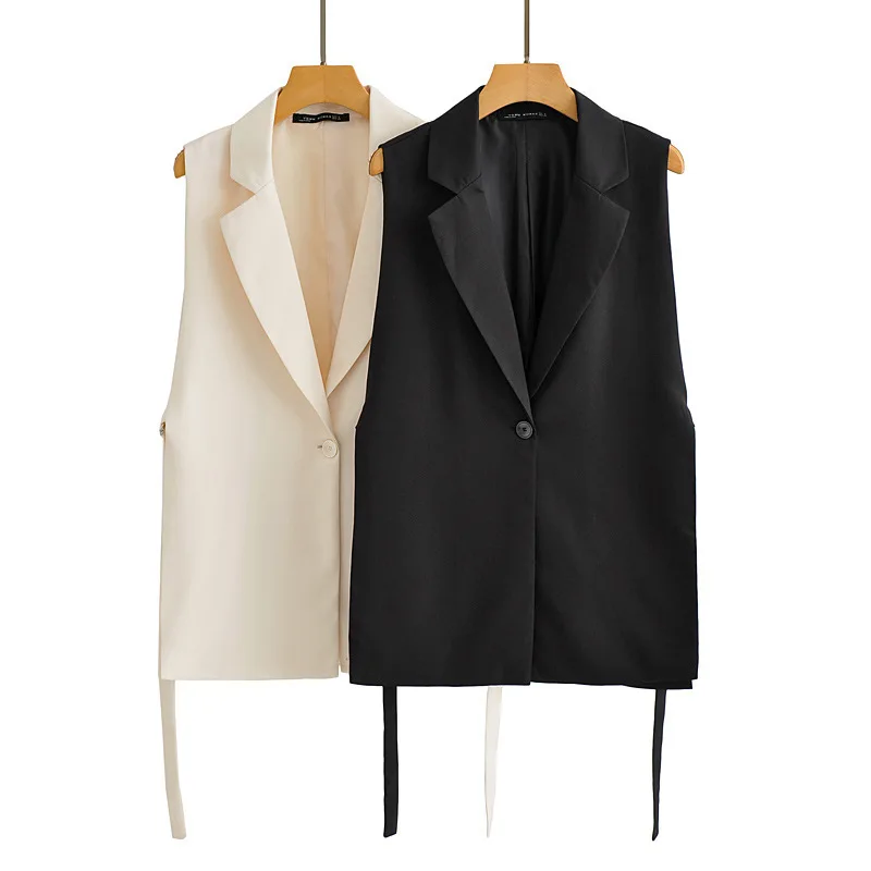 

Women Solid Side Slit One-Button Vest Vintage Suit Collar Sleeveless Outerwear Veste