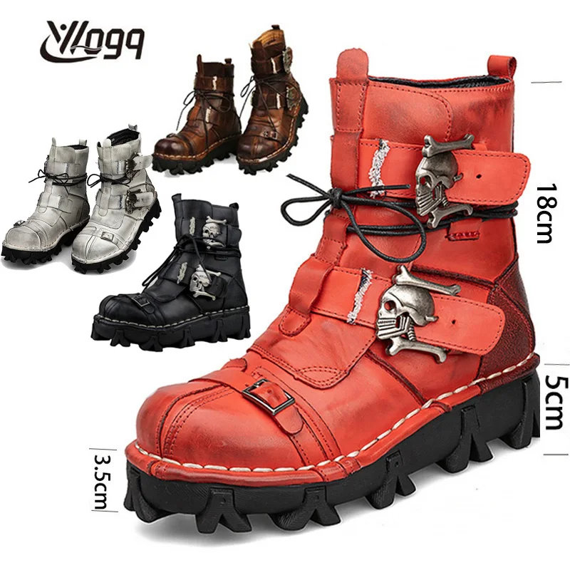 

Men Vintage Work Boots Punk Fashion Boots Unique Genuine Leather Ankle Motorcycle Boots Military Combat Boots Punk Skull Boots50