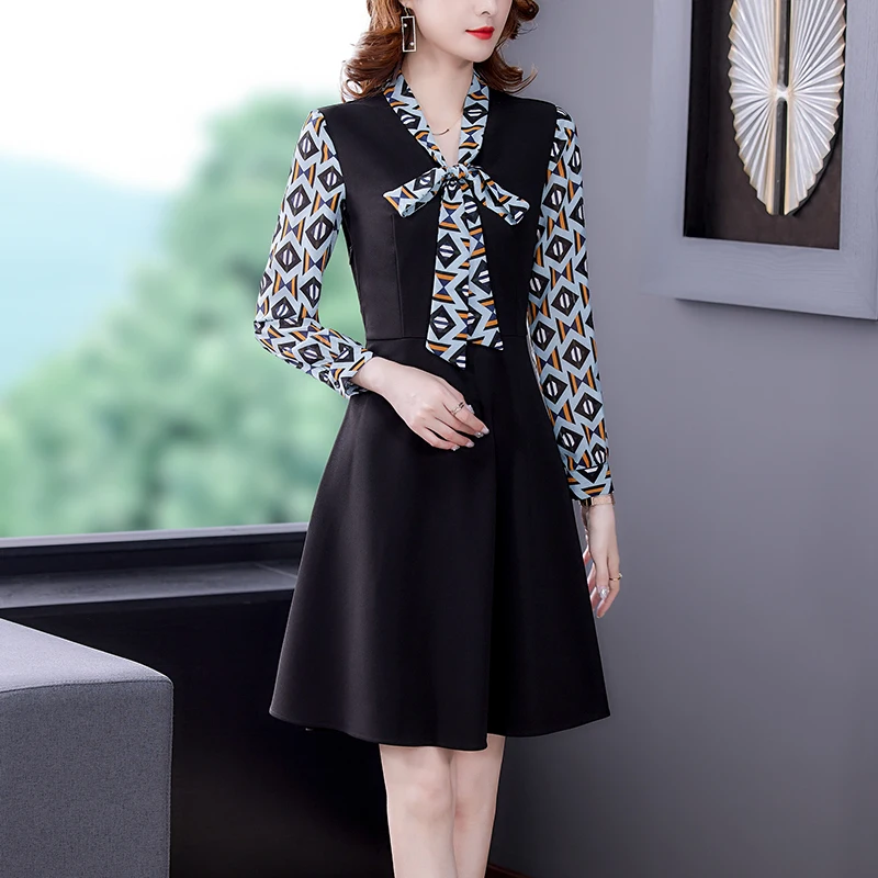 

Модное вязаное платье в стиле пэчворк, женские осенние платья с длинным рукавом, имитация двух частей, женская одежда больших размеров для д...