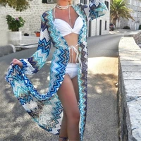 new lace wave print sexy long kimono cardigan hollow beach dress bikini cover up beach wear swim suit cover up
