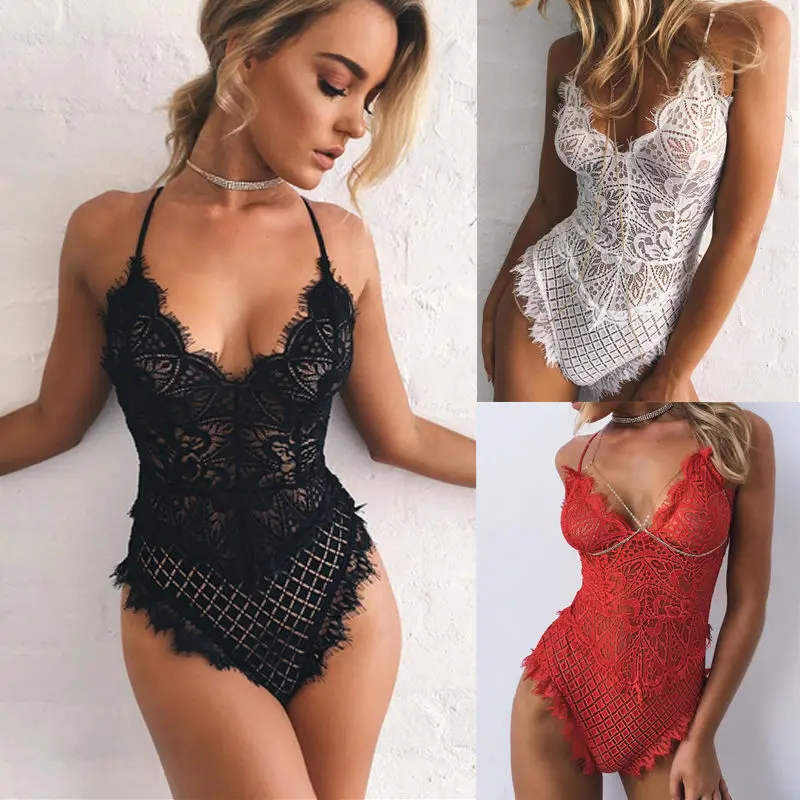 

Women Sexy Solid Lace Skinny Lady Lace Dress Bodysuits Underwear Nightwear Sleepwear Bodysuit Summer Beach Skinny