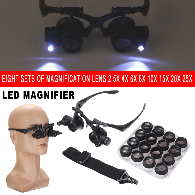 

8 Set 2.5X-25X Watchmaker Jeweler Loupe Head Glasses Magnifier With LED Wearing Style Magnification 16 Lenses