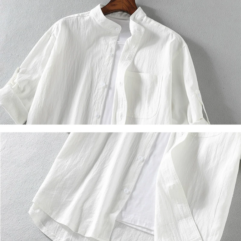 

Men Shirts Summer Cotton Linen Half-Sleeve Large Size 5XL Solid Thin Loose Male Shirt Breathable Korean Simple All-match Leisure