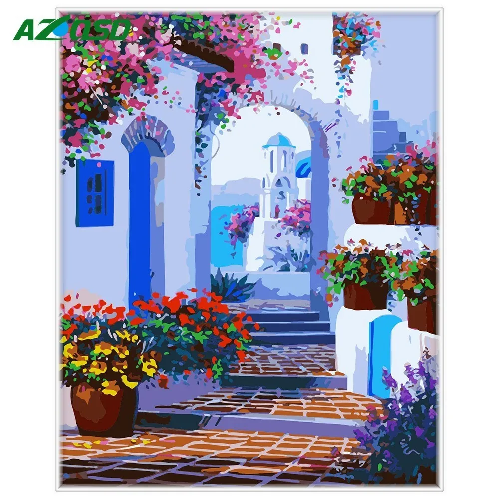 

AZQSD Courtyard DIY Painting By Numbers Seaside Modern Home Wall Art Picture Hand Painted Oil Painting For Room Artwork 40*50