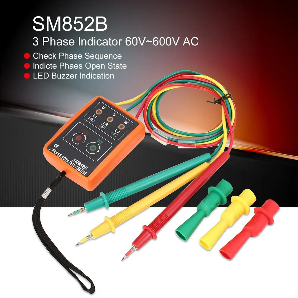 SM852B 3 Phase Rotation Tester Digital Indicator Detector LED Buzzer Sequence Meter Voltage 60V~600V AC | Инструменты