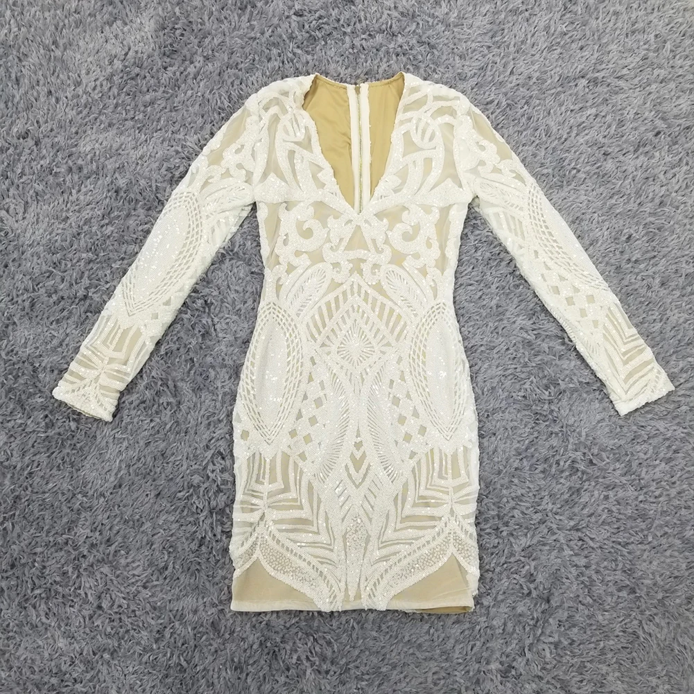 Женское рождественское облегающее платье белое Сетчатое вечернее с блестками