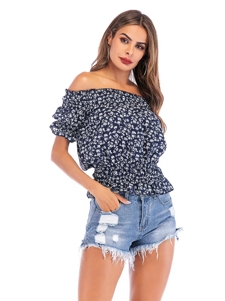 

2021 New Women Thin Blouses Off Shoulder Boho Clothing Summer Vintage One Shoulder Top Chiffon Floral Shirt Short Sleeve Tops