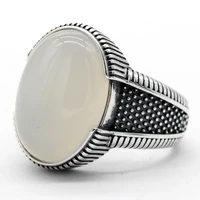 pure 925 sterling silver big natural white agate stone simple classic elegant male rings turkish handmade fine jewelry gift