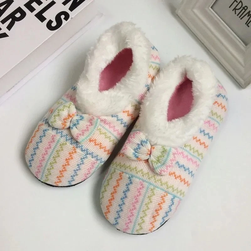 

Ousefu cheap Winter colour knitting women socks Slippers Warm cotton Home Plush Slippers for women Bow Indoor house shoes
