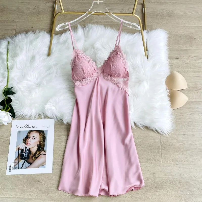 

Summer Suspender Nightdress Women Sleepwear Sexy Patchwork Lace Perspective Nightgown Bathrobe Silk Rayon Mini Home Dress