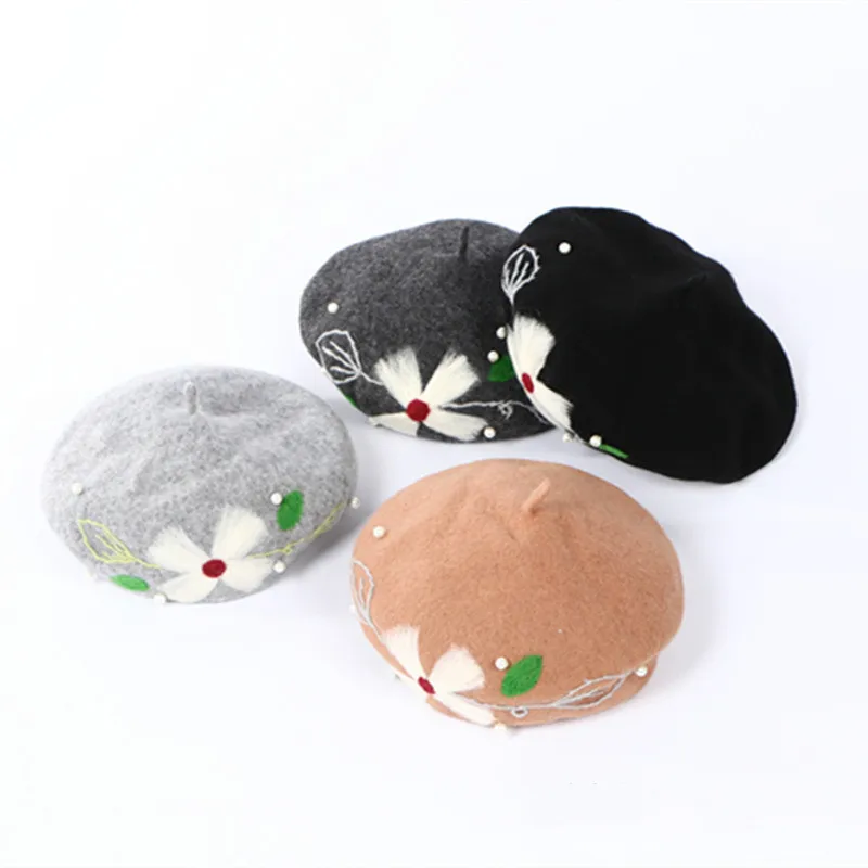 

2022 New Style Spring Autumn 100% Wool Winter Flower Embroidery lady Beret Hat for Sweet Girl