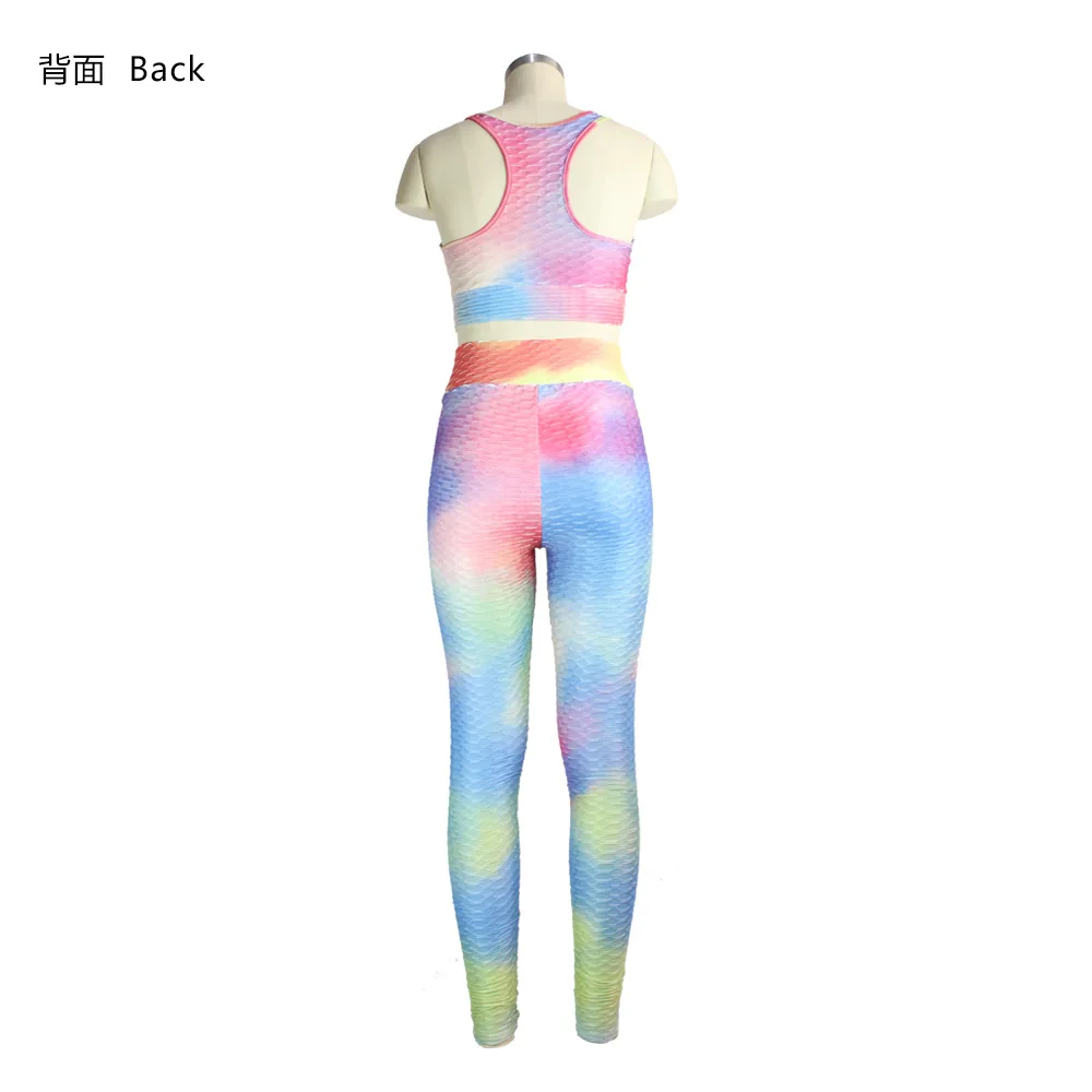 Summer new casual tie dye print sports two piece suit fashion slim fit o-neck sleeveless suspender vest and trousers women's set |