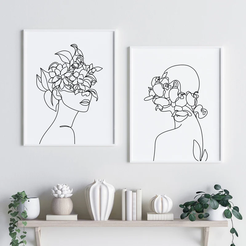 Линия искусства женщины с головой цветы художественный принт Современный
