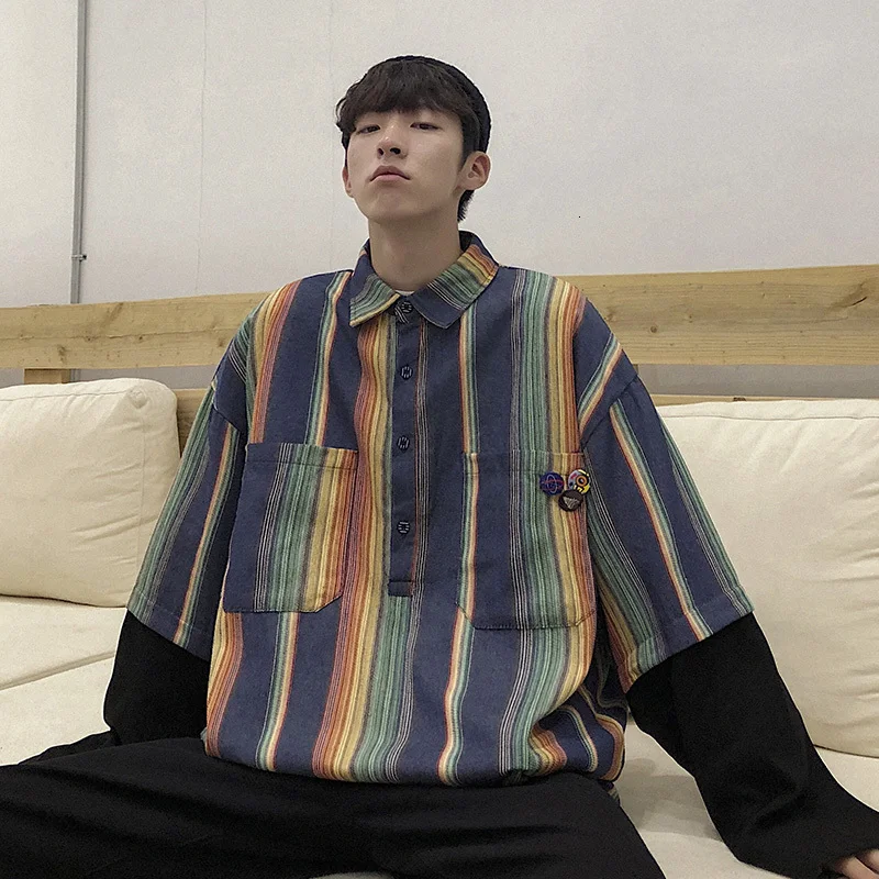 

Men's Stripe Printing Coats False Two Piece Hawaiian Shirt Camisa Masculina French Cuff Mens Fashion Blue Color Shirts Size M-XL