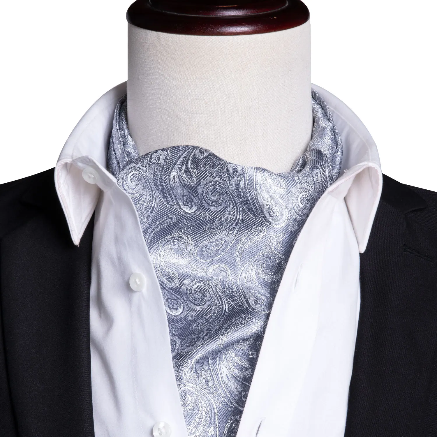 

Luxury Men's Ascot Set Vintage Paisley Floral Jacquard Silk Necktie Silver Cravat Retro Tie Handkerchief Pocket Square Set