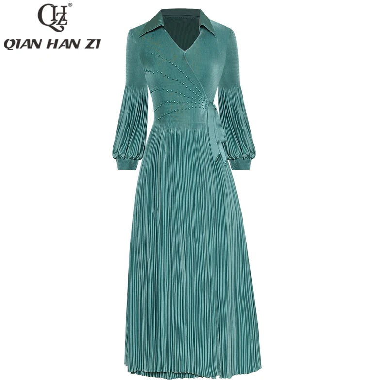 Дизайнерское модное осеннее платье Qian Han Zi с рукавами-фонариками и бусинами