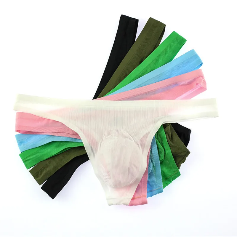 6PCS Gay Thongs Men Underwear Ultra-thin Ice Silk Male Sexy Low Waist Seamless Breathable Solid Double G-stringsThong Panties