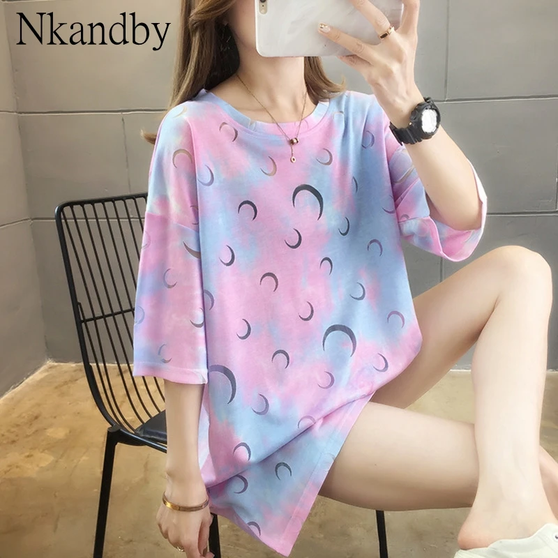 Футболка женская длинная с коротким рукавом свободная сетчатая рубашка Луной