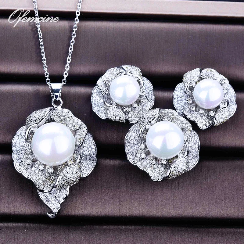 

Trendy Luxury Pearl Earrings Necklace Ring Sets for Women Stainless Steel Jewelry Korean Choker Engagement Wedding Accessories
