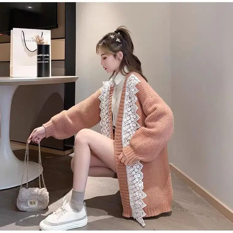 

Cardigan coat women's knitted 2021 spring dress new lazy wind long Joker lace sweater outside coat