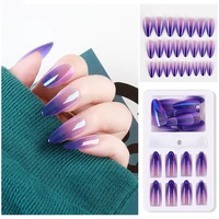 24 pcsbox false nail glitter mirror aurora full cover nail tips coffin fake nails gradient nail diy decoration