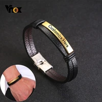 vnox casual layered leather bracelet customized stainless steel id bar bangle for men women personalize wristband