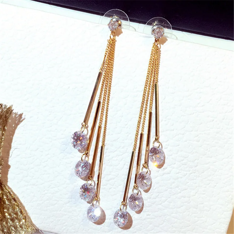 Корейский шик Сияющий циркон длинные сережки с кисточками для женщин вечерние