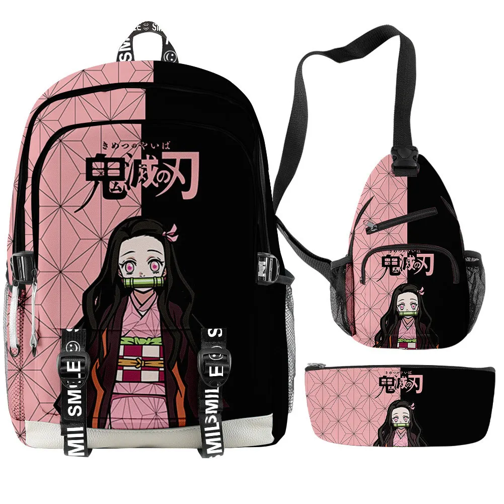 Anime Demon Slayer Kamado Nezuko Schoolbag Travel Backpack Shoulder Bag Pencil Case Three-Pieces Set Gift for Kids Students