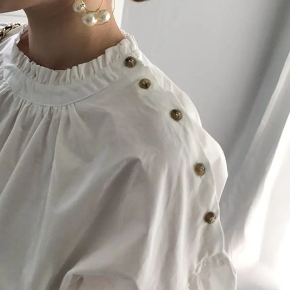 

Blouse White Women 2021 New Shirt Lantern Sleeve Elegant Lady Solid Color Thin Short Fashion Casual All Match Round Neck Spring
