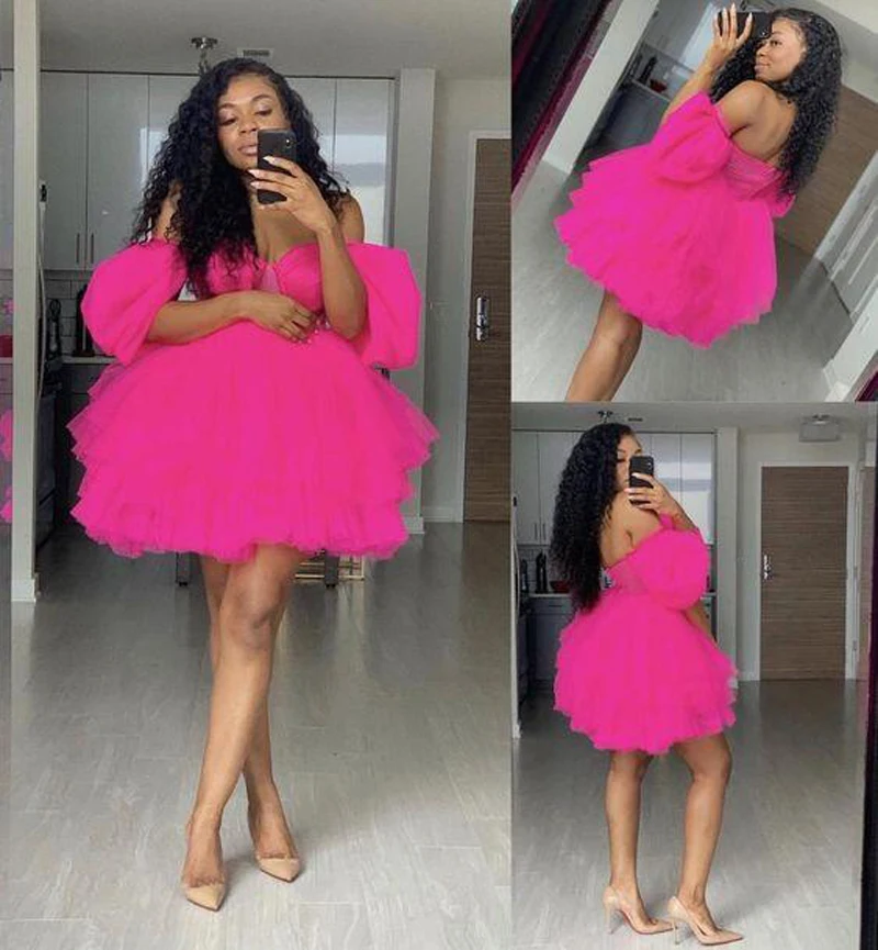 

Розовое красное платье с открытыми плечами для выпускного вечера, вечернее платье с короткими рукавами и рюшами, кружевное мини-платье с ап...