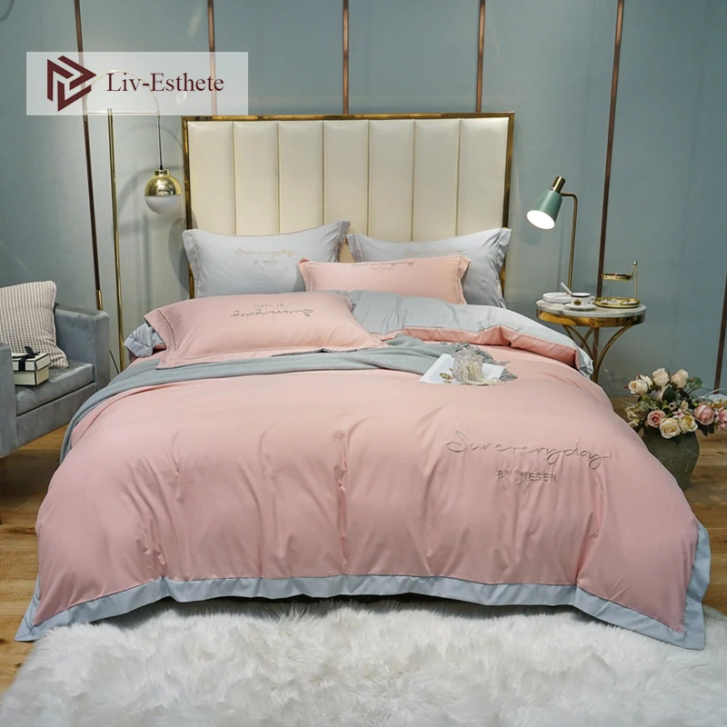 

Liv-Esthete Women Luxury 100% Cotton Pink Bedding Set Brief Duvet Cover Set Bed Linen Set Pillowcase Double Queen King 4pcs