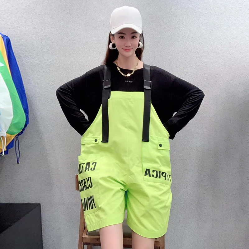 

GALCAUR White Casual Loose Shorts For Women Square Collar Sleeveless Patchwork Pockets Hit Color Oversize Trousers Female Summer