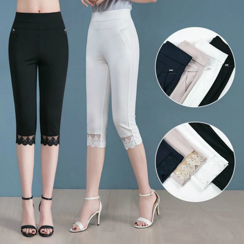

Women's Capris Summer Lace Patchwork Pants For Women High Waist White Black Short Trousers Stretch Sknny Calf-Length Pants