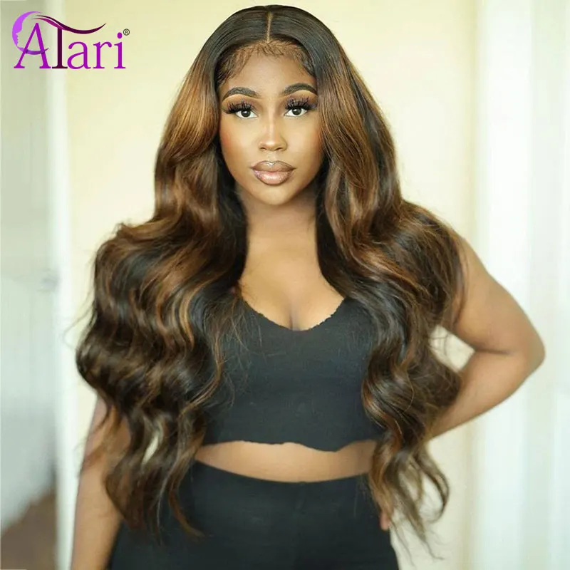 

1B/Blue Body Wave Colored Human Hair Wigs Transparent Lace Frontal Wig Highlight Brown Brazilian Wavy Pre Plucked Lace Front Wig