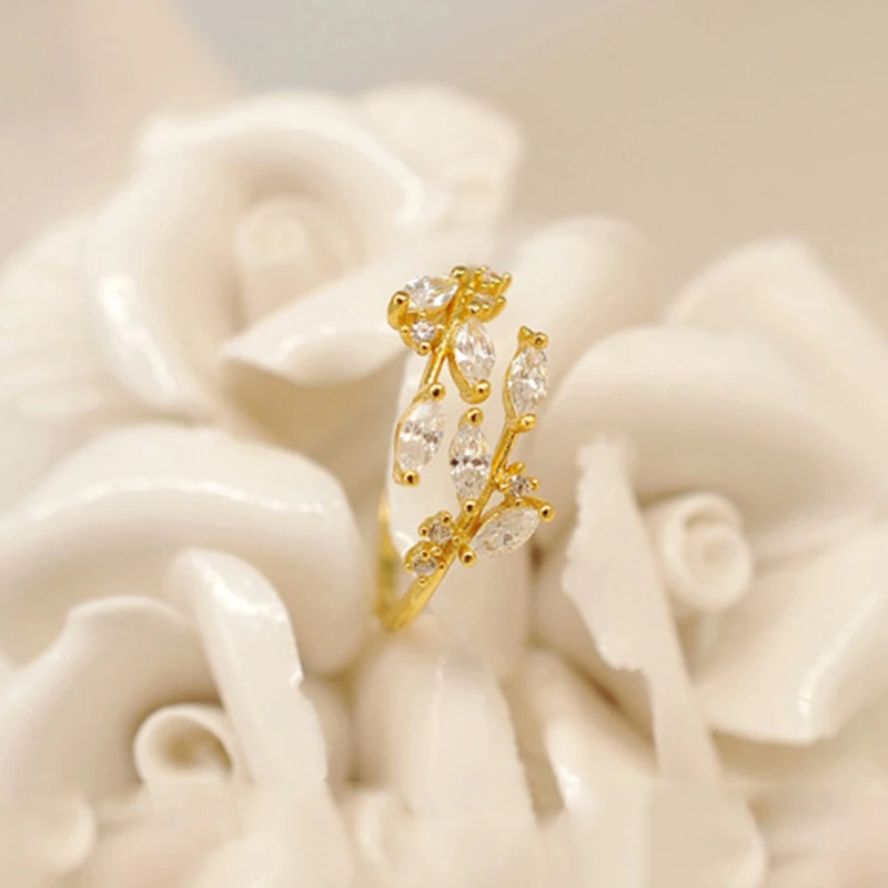 

VENTFILLE 925 Sterling Silver Sweet Romantic Zircon Leaf Adjustable Ring for Women Korean Wedding Party Jewelry