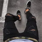 Модные мужские крутые дизайнерские черные рваные облегающие джинсы, потертые зауженные джинсовые брюки на молнии, брюки в стиле хоп с дырками для мужчин