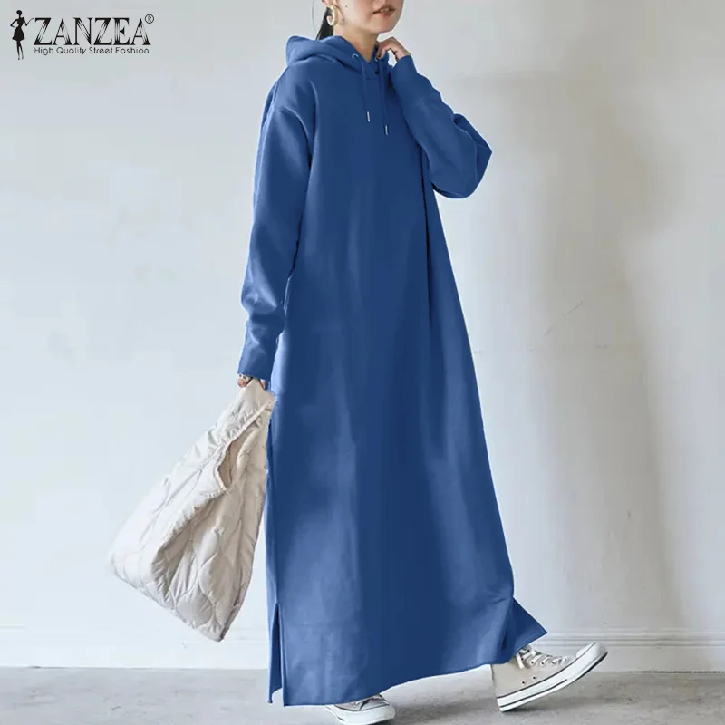 

ZANZEA Autumn Casual Hooded Vestidos 2021 Solid Sweatshirt Dress Women Oversized Hoodies Robe Longue Female Warm Loose Dresses