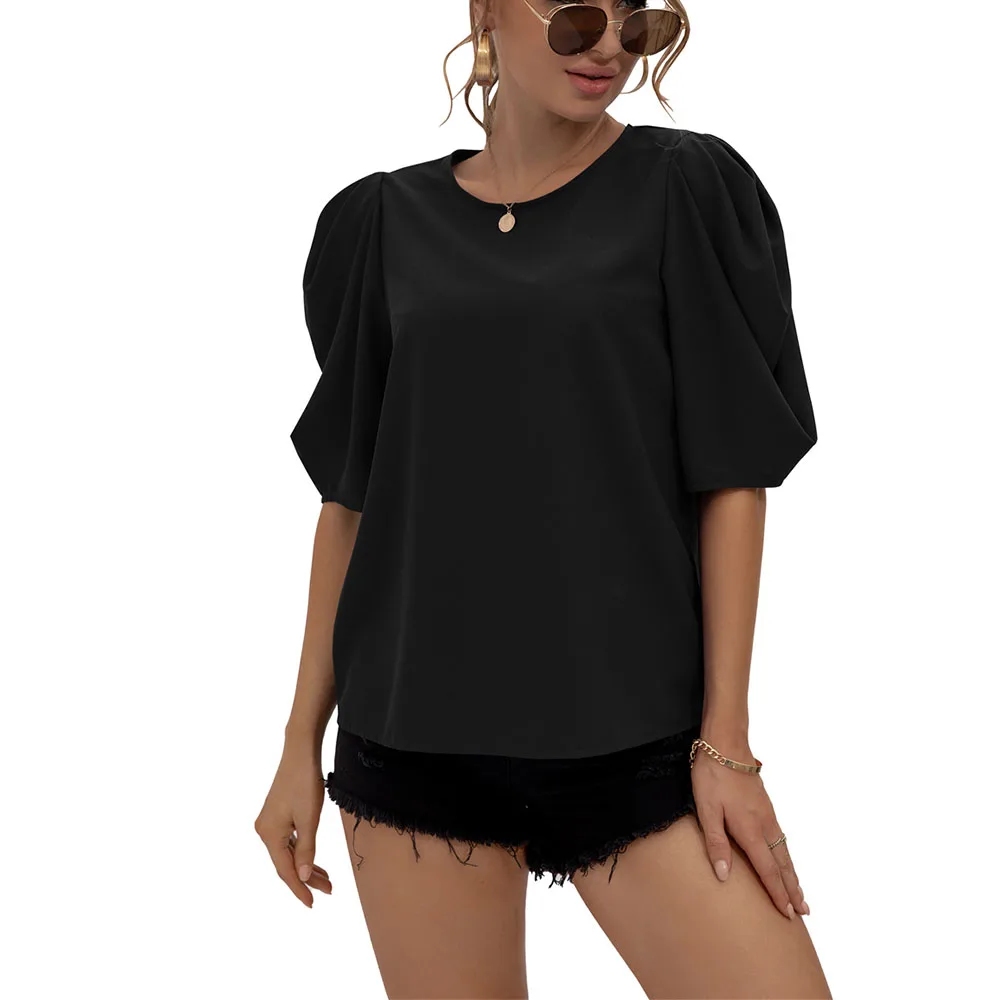 

Elegant Blouses Top Women O Neck Puff Sleeve Top White Short Sleeve Blusa Feminina Casual Pullover Blouse Women Shirts