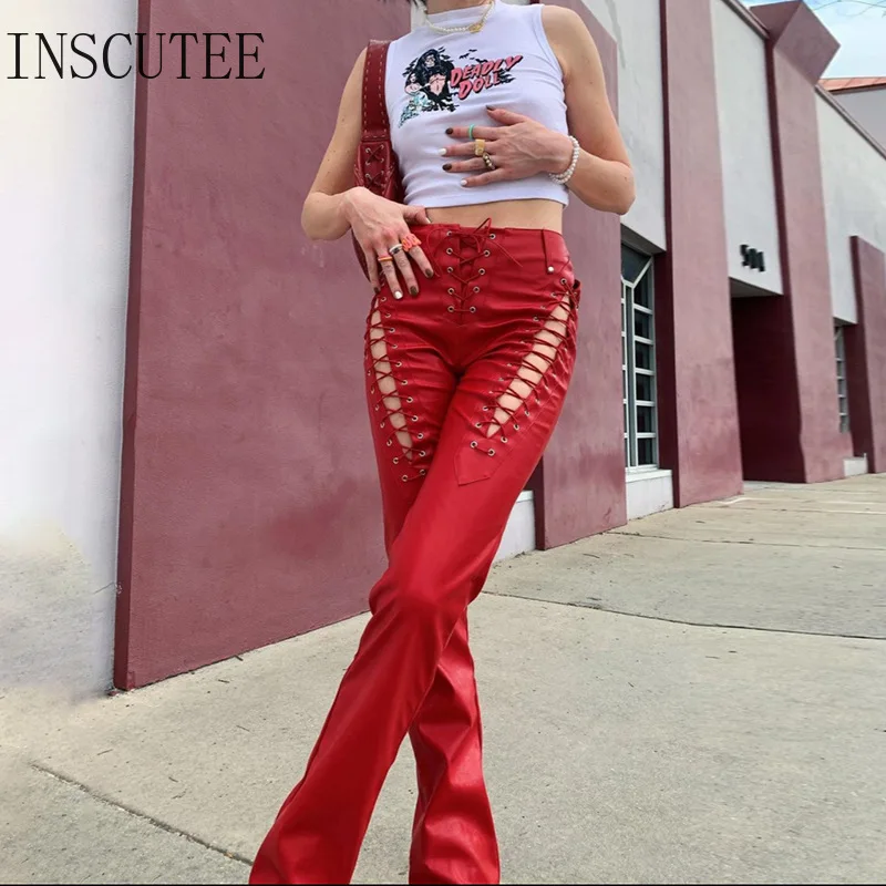 

Inscutee Summer Harajuku Casual High Waist Pants Women Retro Y2k E-girl 90s Streetwear Hollow Out Bandage Sexy Aesthestic Pants