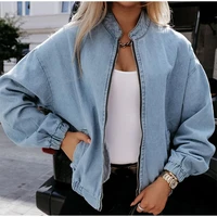 women stand collar long sleeves vintage solid denim jackets zipper loose outwear 2021 female fashion casual washed jean coats