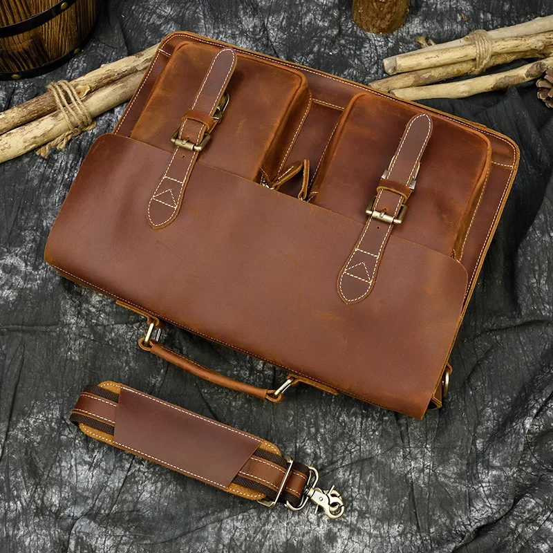 

Crazy Horse Leather Men's Laptop Briefcase 15.6" Cow Leather Business Bags Brown Real Leather Work Tote Messenger Bag Male Bag