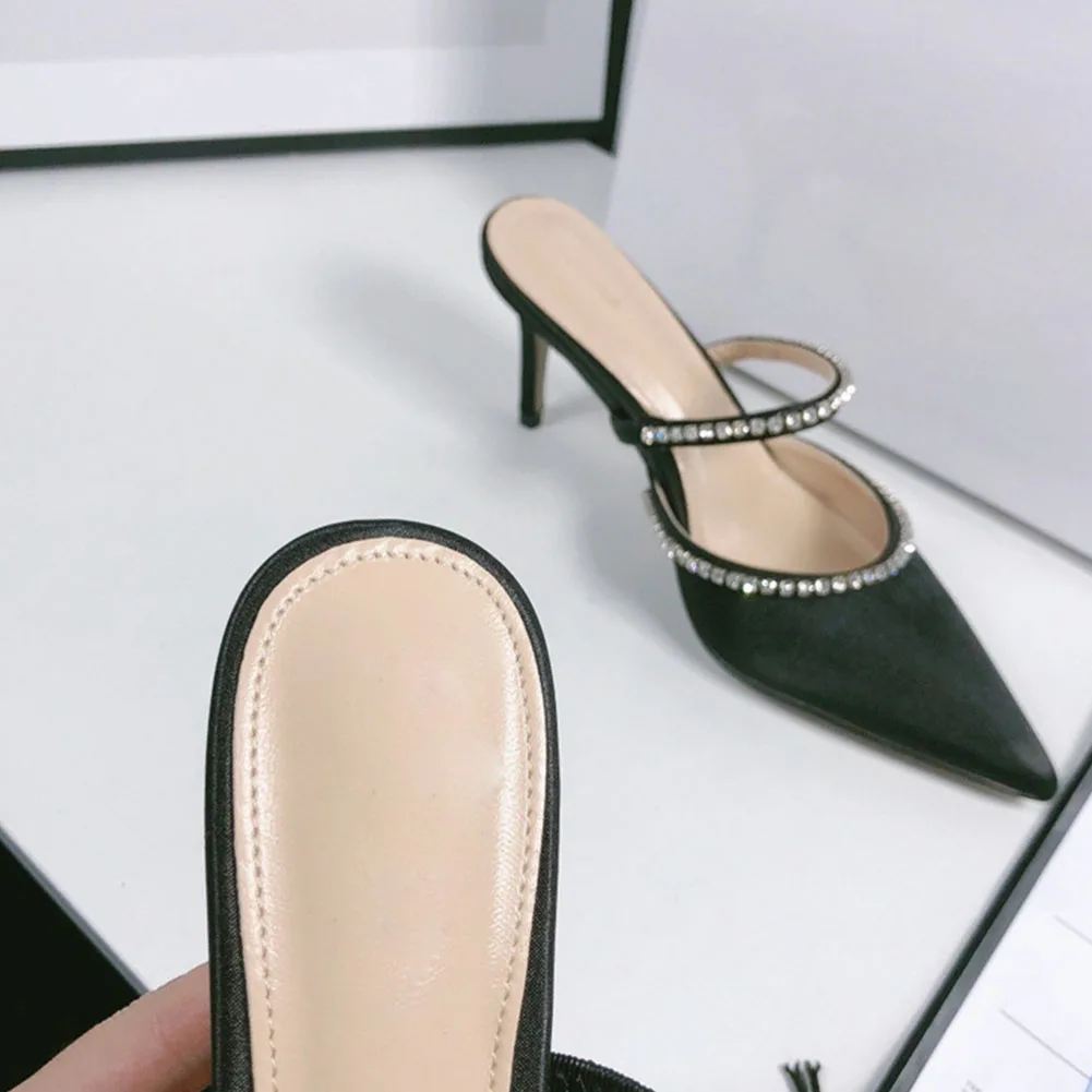 

Brand Design Top Quality Fashion Shoes Women slip-on Mules Silk Thin High Heels Cyrstal Elegant Ladies Big Size 40 Spring Shoes