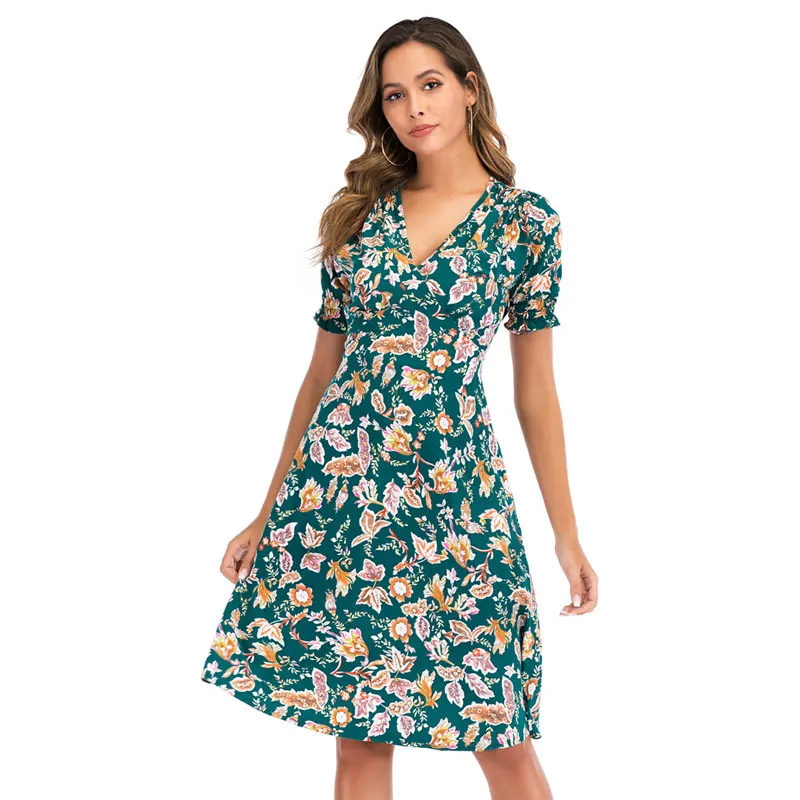 

Women Chiffon Dress 2021 V-Neck Summer Boho Floral Printing Beach Dress Fashion Short Sleeve A-Line Party Dress Sundress
