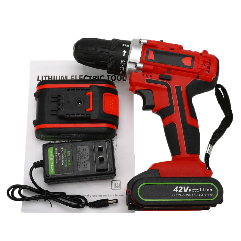 

Cordless Electric Screwdriver 42VF 2-Speed Impact Drill 25+1 Torque Rechargeable LI-ION Battery Electric Drill Power Tools
