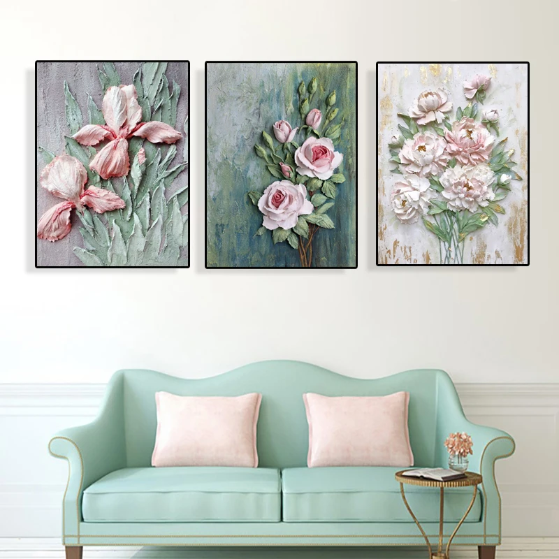 

5d diy diamond painting pink chinese flowers diamond embroidery cross stitch full round square drill 3pcs wall art