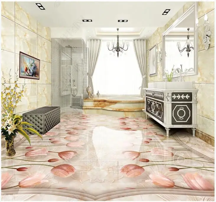 

Custom photo 3d pvc flooring self adhesion vinyl sticker European style marbled tulip flowers bedroom wallpaper for walls 3 d