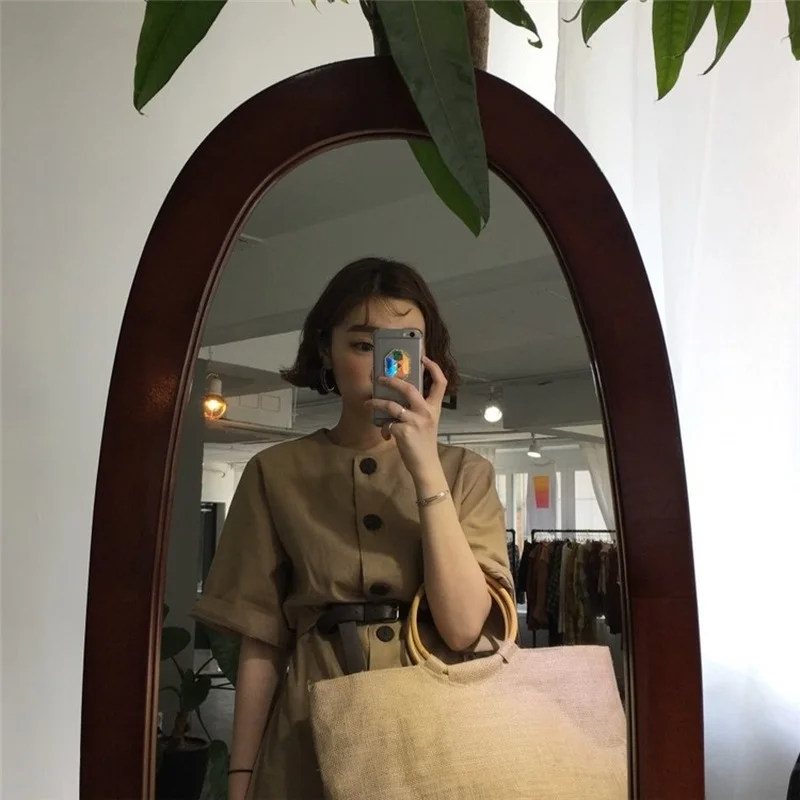 

Kimotimo Women Dress Korean Chic Summer O-neck Single Breasted Loose Solid Color Casual Mini Dress with Belt Female Harajuku
