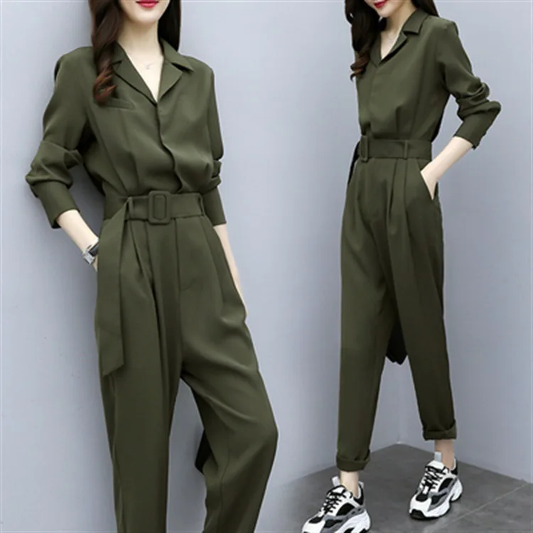 Женский цельный комбинезон свободный армейский зеленый длинный рукав