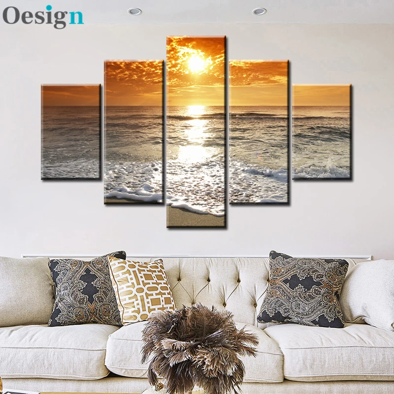 

5 Panels Sunsets Natural Sea Beach Landscape Posters and Prints Canvas Painting Scandinavian Wall Art Picture for Living Room